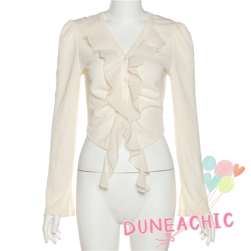 DUNEA Áo Croptop Tay Dài Phối Bèo Thời Trang Quyến Rũ Cho Nữ