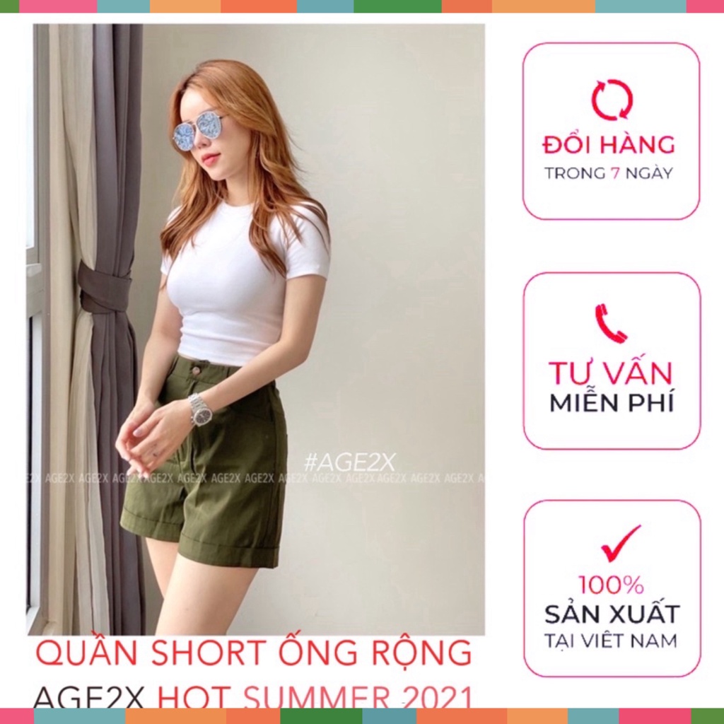 Quần Short ống rộng, Lưng Siêu Cao, chính hãng AGE2X, vải kaki 83% cotton, mềm, mát, ít nhăn, không ra màu, chuẩn HVNXK