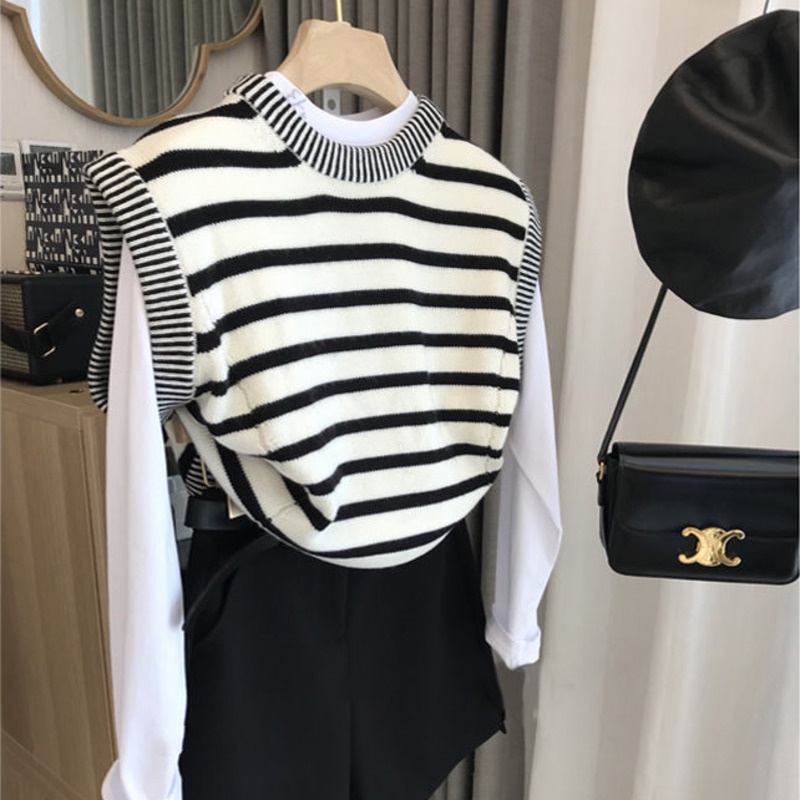 Áo Sweater Dệt Kim Không Tay Kẻ Sọc Ngựa Vằn Thông Dụng