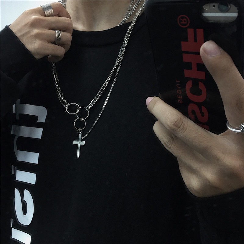 Dây chuyền hai lớp thiết kế mắc xích hình chữ thập theo phong cách retro cá tính độc đáo dành cho nam nữ
