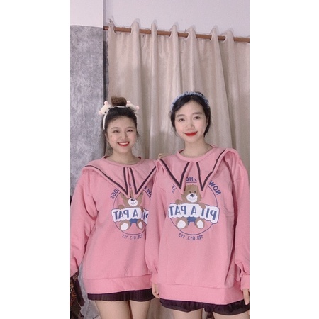 Áo nỉ thuỷ thủ in hình gấu form rộng dấu quốc siêu xinh