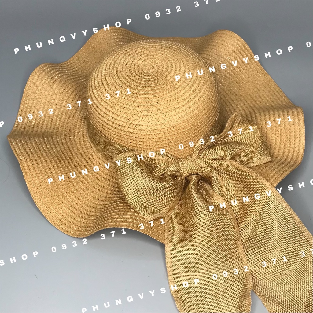 Mũ cói vành to cong dây nơ thừng to -nón cói đi biển