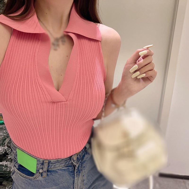 Áo Croptop Dệt Kim Sát Nách Cổ V Màu Sắc Đơn Giản Kiểu Hàn Quốc Thời Trang Mùa Hè Cho Nữ