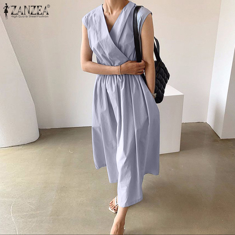 ZANZEA Women Casual V-Neck Sleeveless Swing Pleated Loose Long Dress | BigBuy360 - bigbuy360.vn