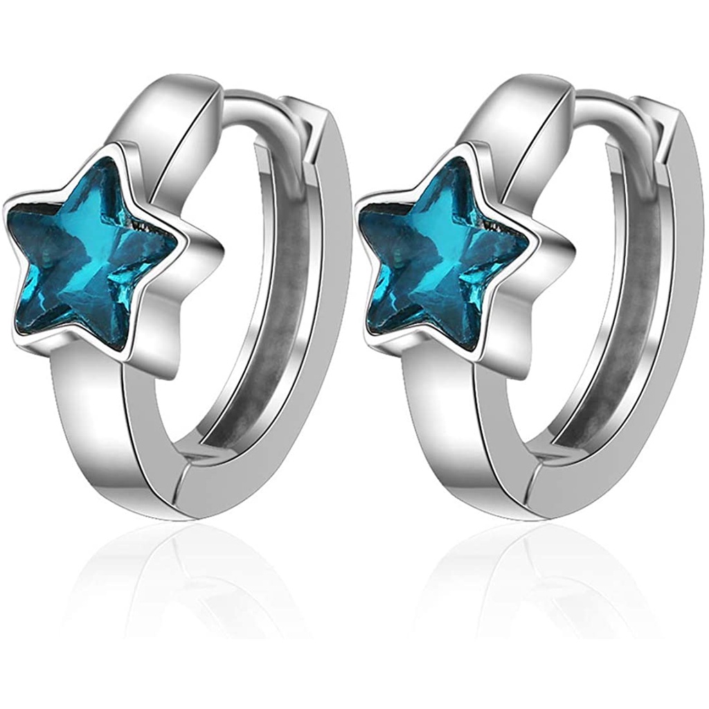 Khuyên tai tròn đính đá zircon hình ngôi sao nhỏ màu xanh dương bằng bạc sterling cho bé gái trẻ em gái