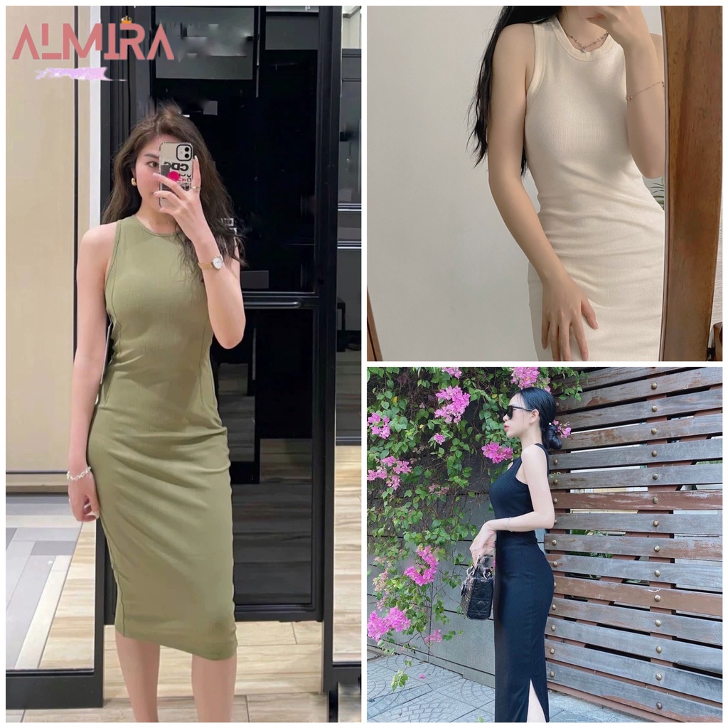 Váy Tăm Body Sát Nách Xẻ Tà Dáng Dài, Đầm Dự Tôn Body