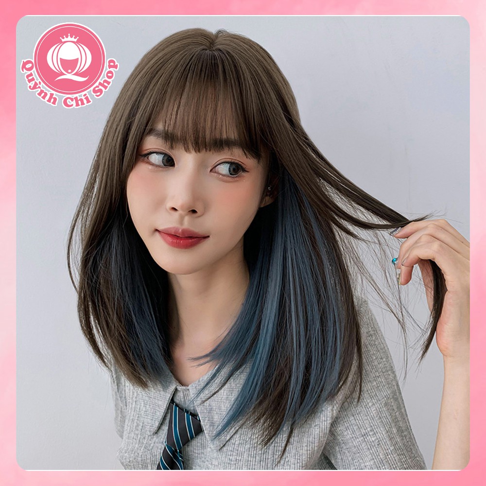 Tóc giả nguyên đầu CAO CẤP, tóc layer ngang vai, mái thưa Hàn Quốc, Highlight xanh khói thời trang – tặng lưới tóc.