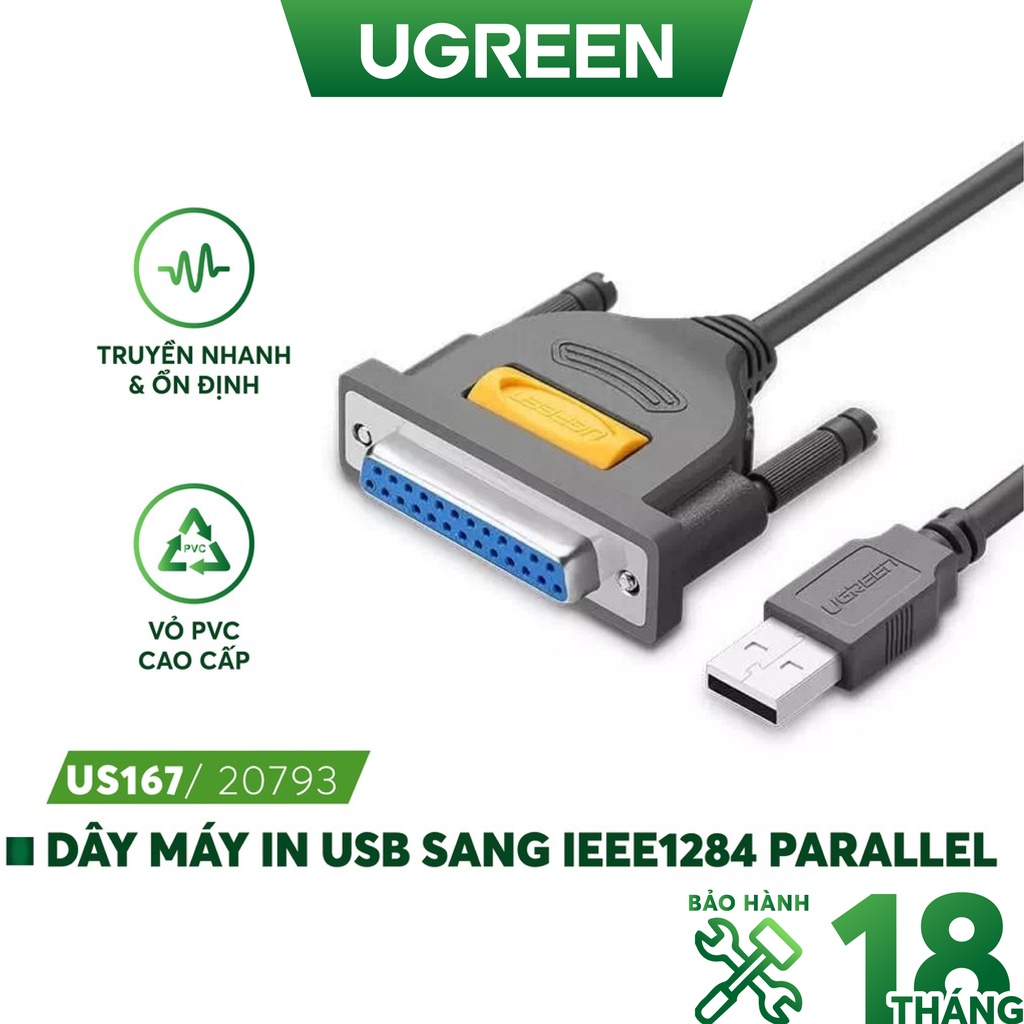 Cáp máy in UGREEN US167 20793 dài 1m USB 2.0 sang cổng BD25 Parallel