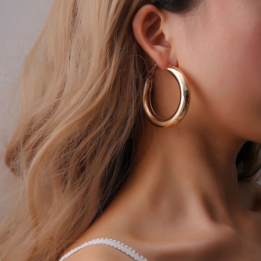 Punk Rock Minimalist Thick Tube Big Gold Alloy Round Circle Hoop Earrings Women Jewelry Accessory