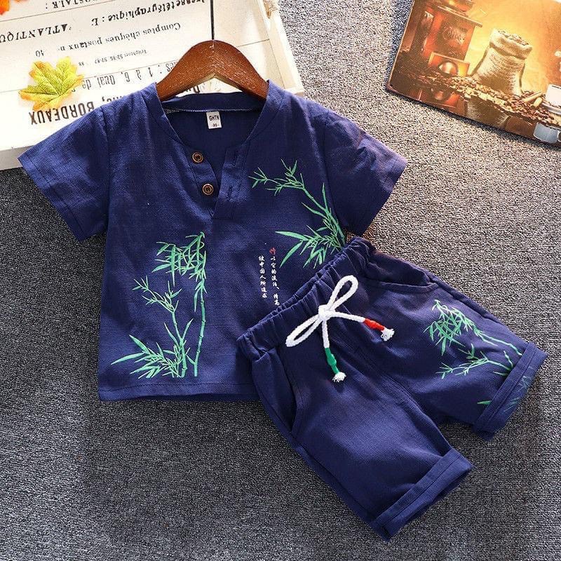 Đồ bộ bé trai Binbon kids, Bộ quần áo cộc tay bé trai chất đũi in hình cây tre cực mát cho bé từ 6-28kg