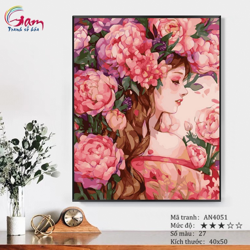 Tranh sơn dầu số hóa tự tô màu theo số Gam Cô Gái Hoa Mẫu Đơn căng khung 40x50cm AN4051