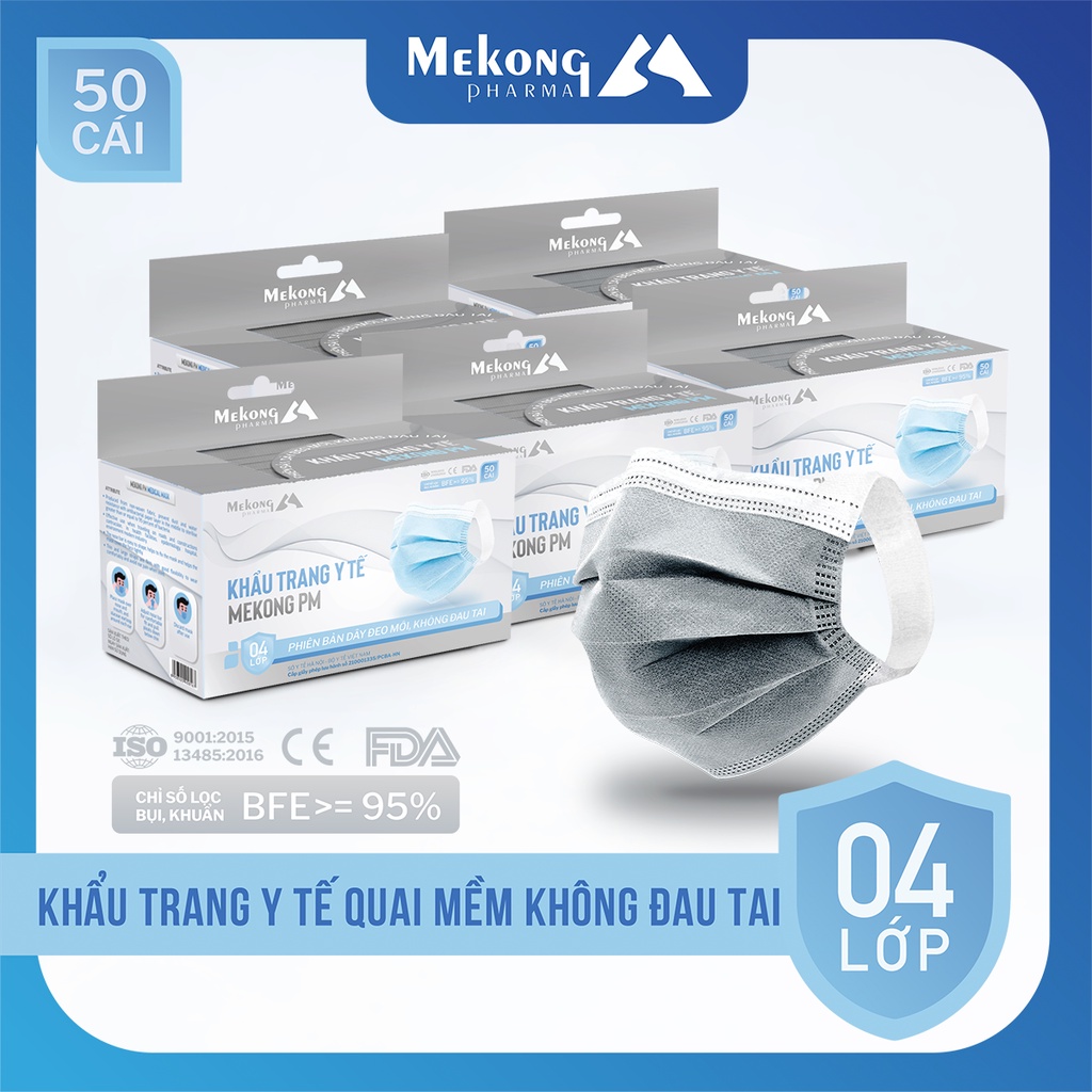 5 Hộp Khẩu Trang Y Tế Mekong Cao Cấp 4 Lớp Kháng Khuẩn Có Dây Đeo Mềm Không Gây Đau Tai (50 Chiếc 1 Hộp)
