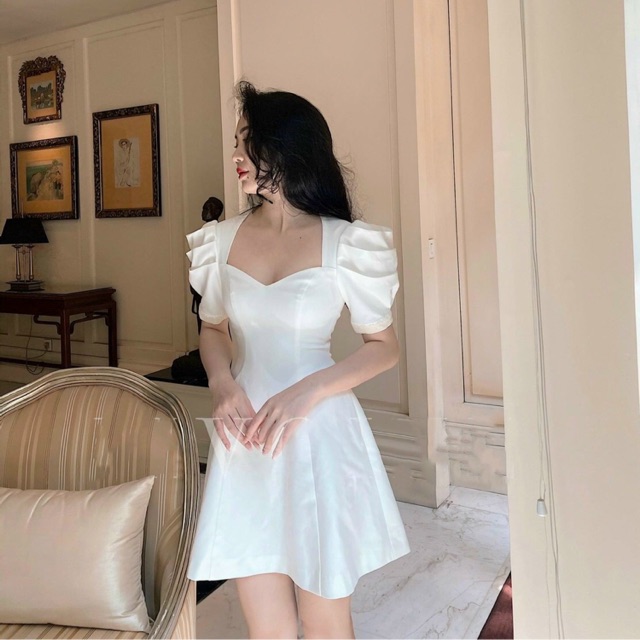 đầm trắng dự tiệc tay xếp ly phồng siêu xinh
