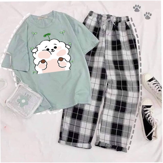 Sét Áo Cừu + quần kẻ, Áo thun from rộng, mặc cho Nam và nữ chất đẹp, Sét bộ mặc ở nhà - AD