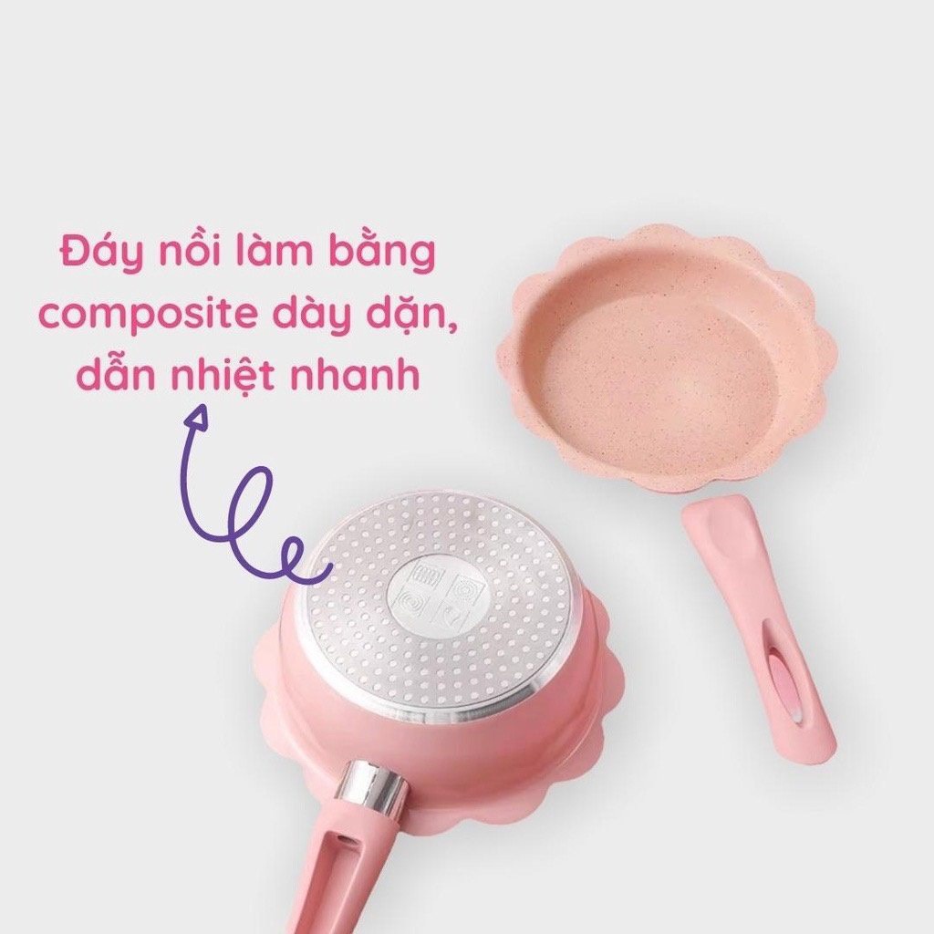 Bộ nồi chảo đá nấu ăn dặm cho bé, men đá chống dính kèm chảo và xửng hấp inox cho bé