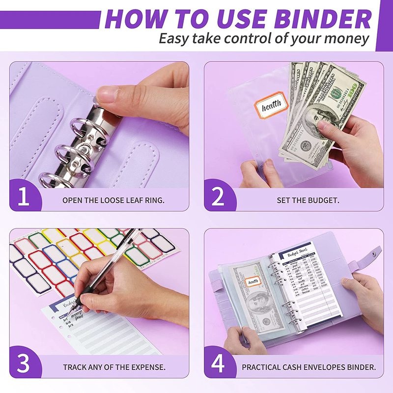 A6 Budget Binder Money Organizer for Cash, Portable Money Saving Binder, Binder Cover with Zipper Pockets