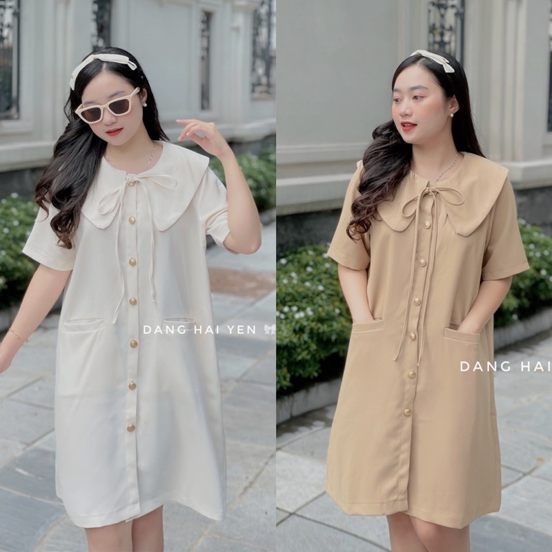 Váy thiết kế cát hàn lạnh cao cấp cổ nơ cúc vàng tiểu thư Hana