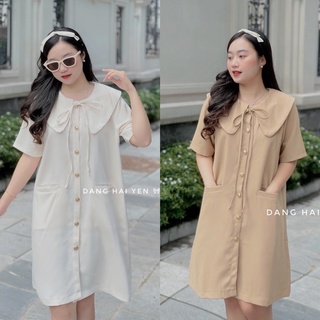 Váy thiết kế cát hàn lạnh cao cấp cổ nơ cúc vàng tiểu thư Hana