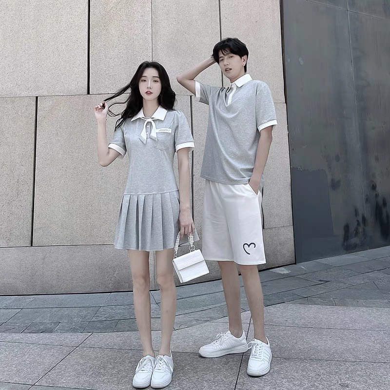 Áo váy đôi poplo xám xếp ly chân váy - Thời trang nam nữ, đồ đôi Forever Couple Store