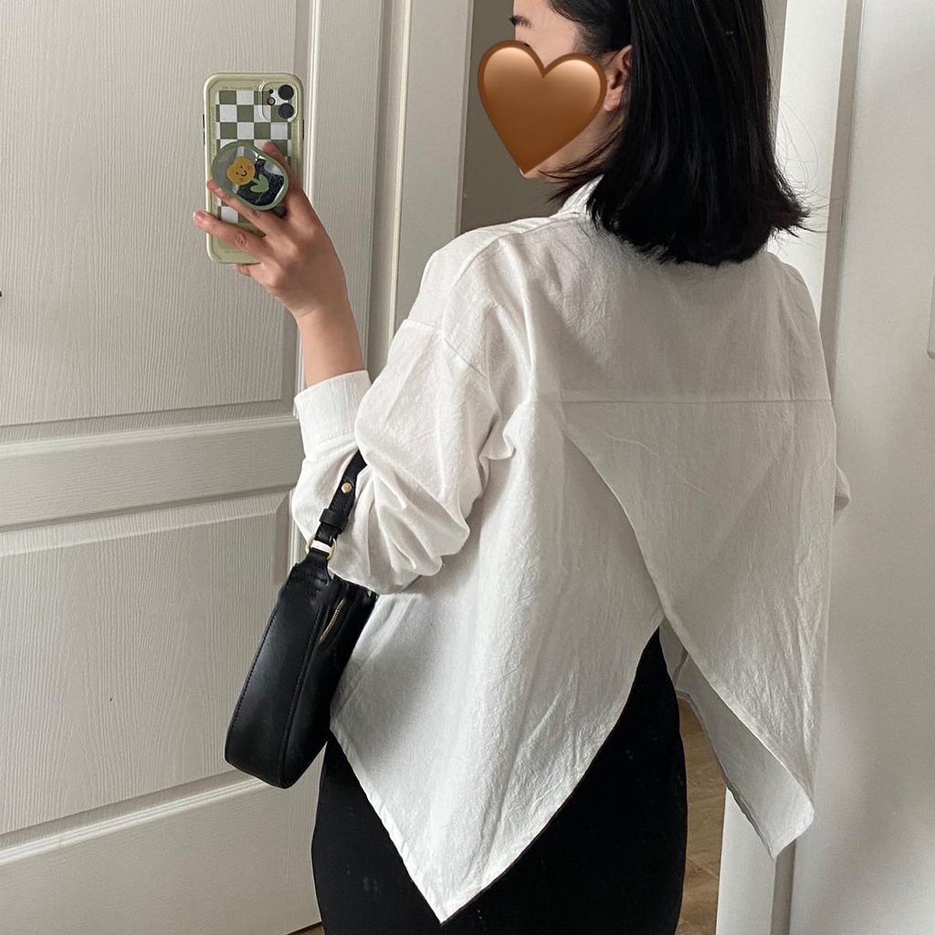 Áo sơ mi dáng lửng chất đũi xẻ lưng sau style Hàn Quốc - Ảnh thật