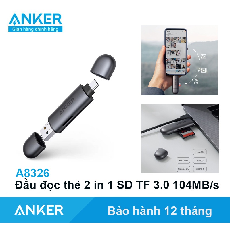 Đầu đọc thẻ Anker USB Type C sang USB 3.0 hỗ trợ 2 khe cắm thẻ SD và TF - A8326