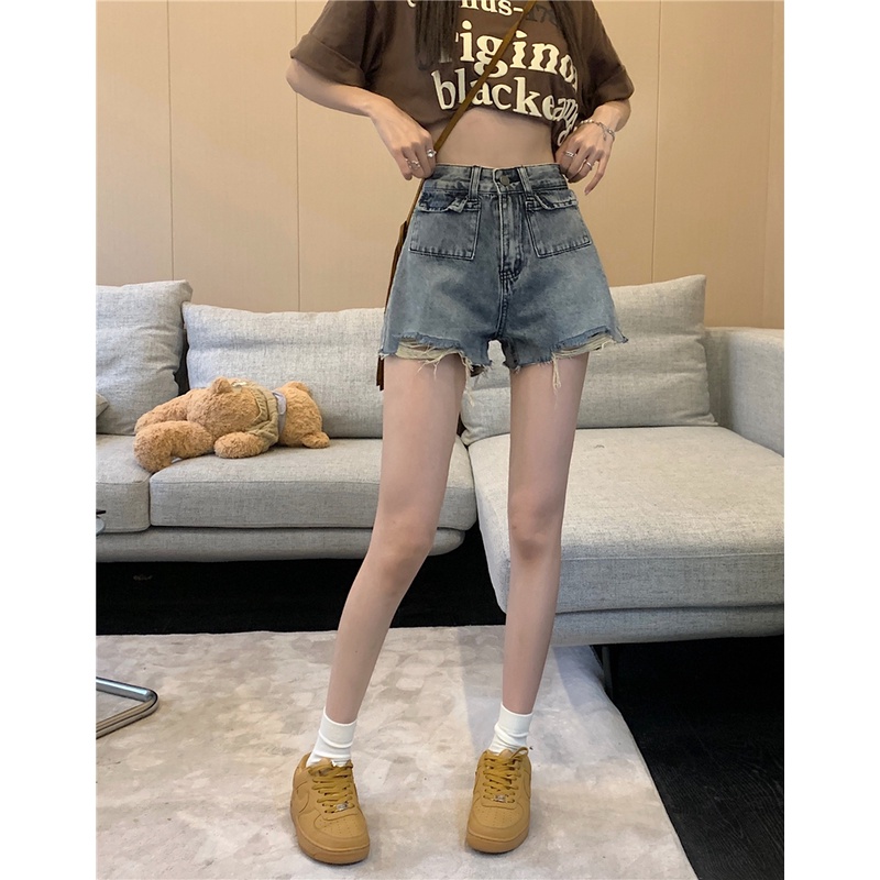 Quần Short denim Lưng Cao Ống Rộng Phong Cách retro Cho Nữ