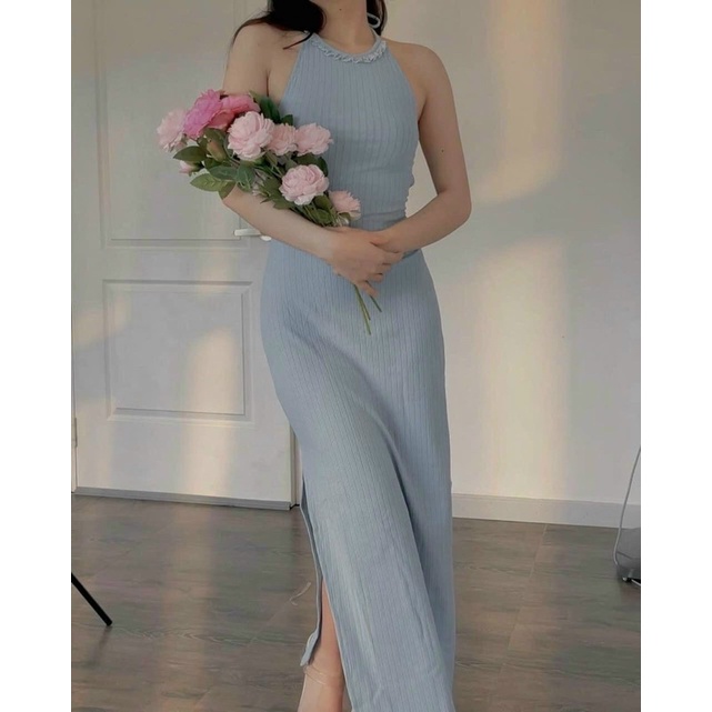 ĐẦM MIDI BODY XANH CỔ YẾM XẺ ĐÙI