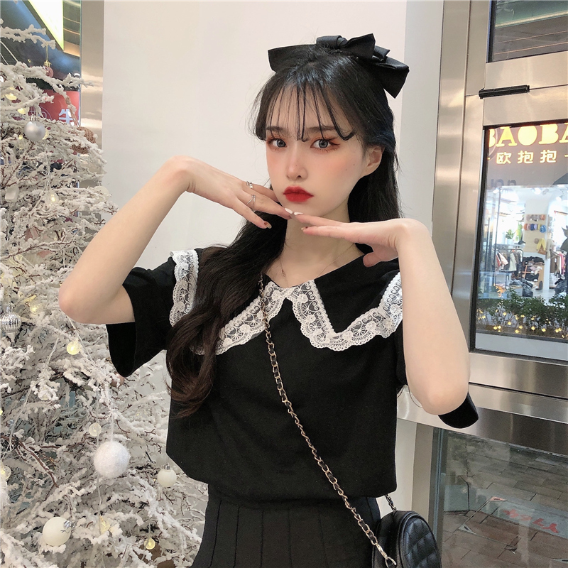 Áo thun SUXI ngắn tay cổ búp bê phối ren xinh xắn thời trang cho nữ