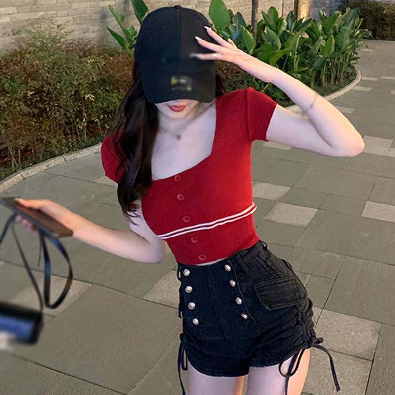 Áo Croptop Dệt Kim Tay Ngắn Cổ Vuông Họa Tiết Kẻ Sọc Thời Trang Mùa Hè Xinh Xắn Cho Nữ