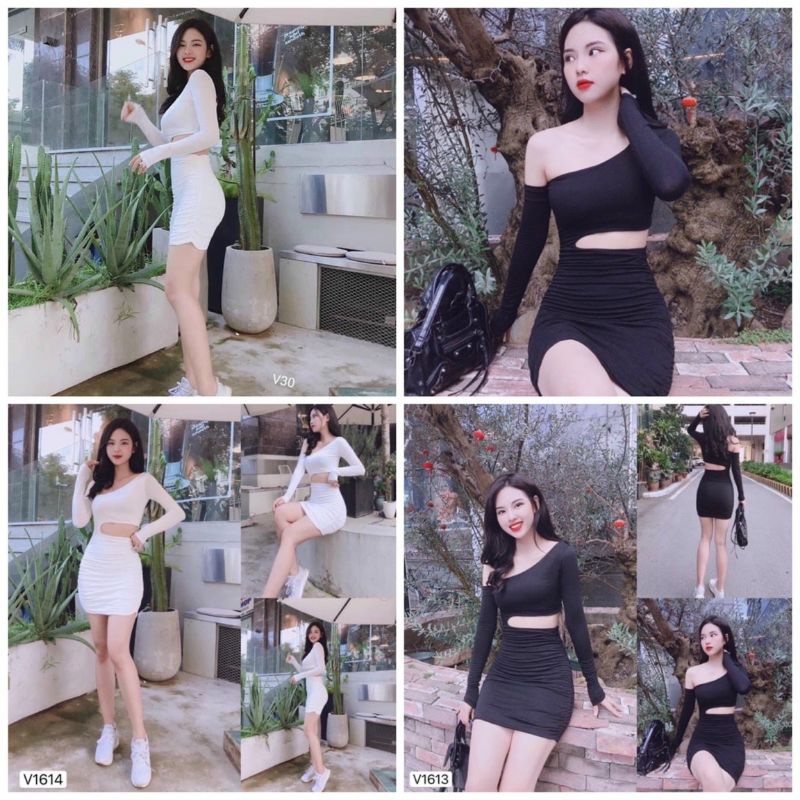 Đầm Thun Borip Ôm Body - Dáng Ngắn Lệch Vai Tay Dài Khoét Eo Sexy | BigBuy360 - bigbuy360.vn