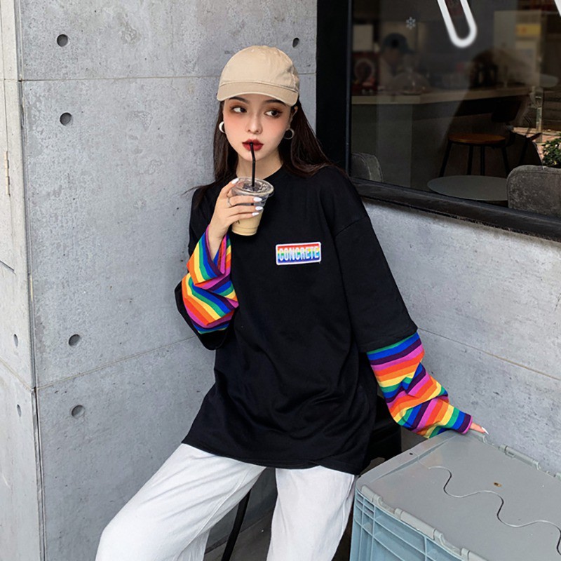 Women Loose Round Collar Stripes Print Loose Long Sleeve T-Shirt