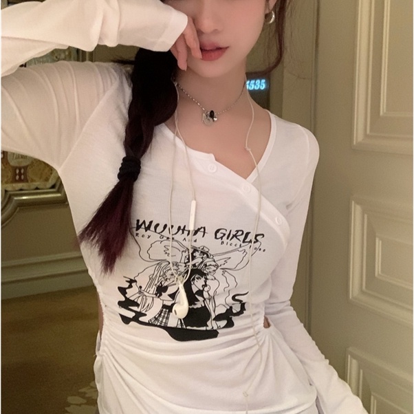 SUXI Áo Thun Tay Dài Dáng Ôm In Chữ Thời Trang Quyến Rũ Cho Nữ