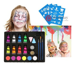 Ready stock Professional Face Paint Kit Makeup Palette 50 Stencils 6 Facepaints 8 UV Glow Neon Paints 2 Glitter Powders 2 Sponges 3 Artist Brushes 2 Eye Shadow Sticks Safe Non-Toxic Face & Body Painting for Children Adults Ha