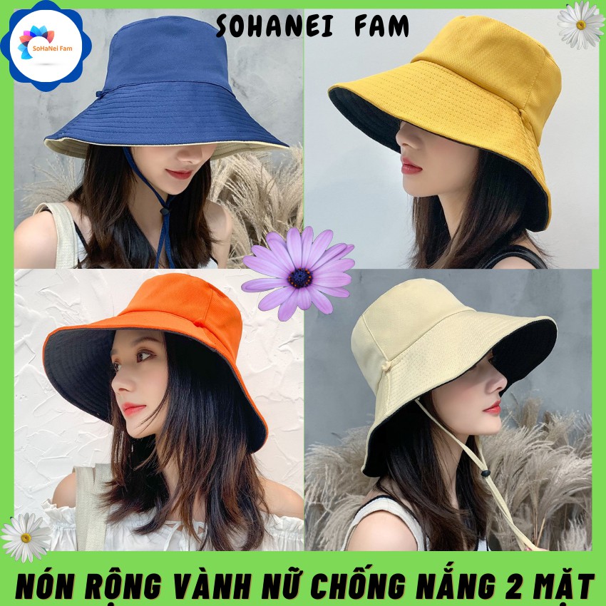 Nón Vải 2 Mặt Vành Rộng Thời Trang Chống Nắng -SOHANEI FAM -Mũ Rộng Vành Nữ Đi Biển, Có Dây Đeo Rời Chống Gió