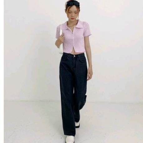 Áo croptop sọc cổ bẻ zip kéo (A15
