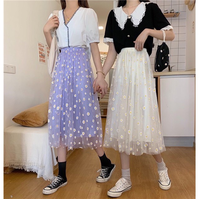 Vải voan lưới hoa cúc hàng loại 1 chất đẹp may váy