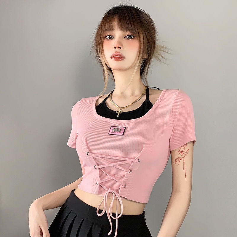 Áo Thun Ngắn Tay Giả Hai Lớp Phong Cách Mùa Hè Thời Trang Cho Nữ