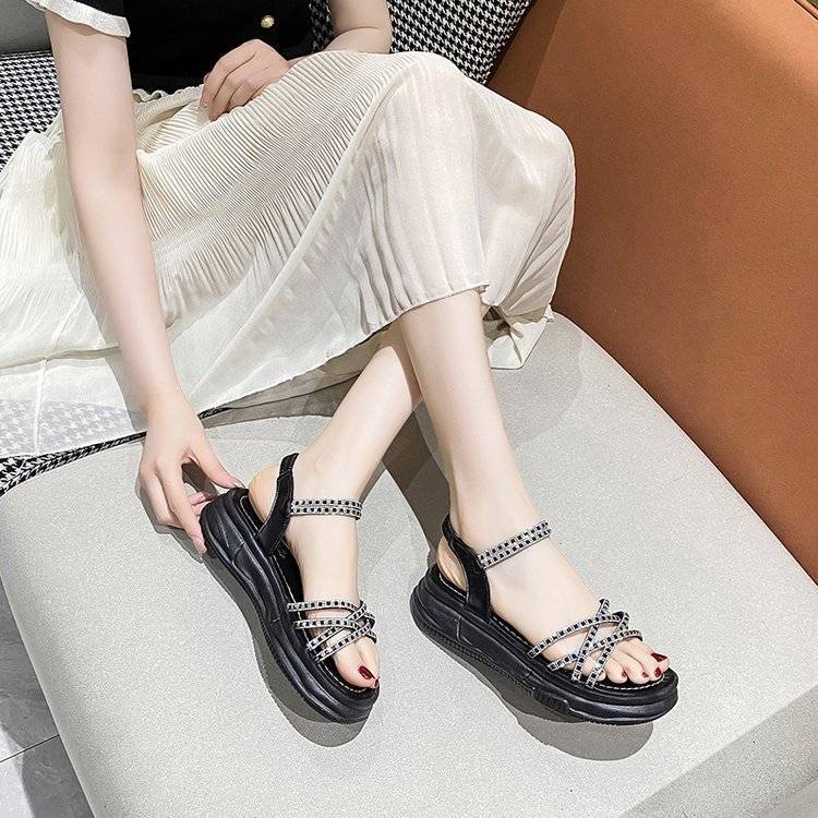 Dép Sandal Đế Dày Phẳng Dày Đính Đá Thời Trang Mùa Hè Hàn Quốc Dành Cho Nữ