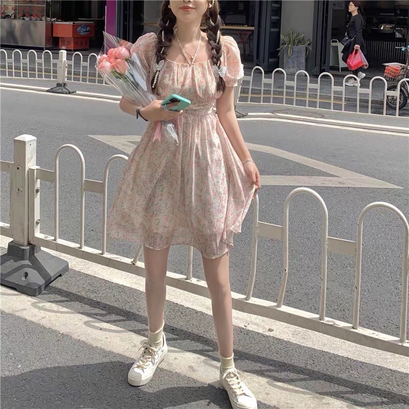 Đầm hoa nhí hồng babydoll dáng váy xoè thắt dây hình thật cuối