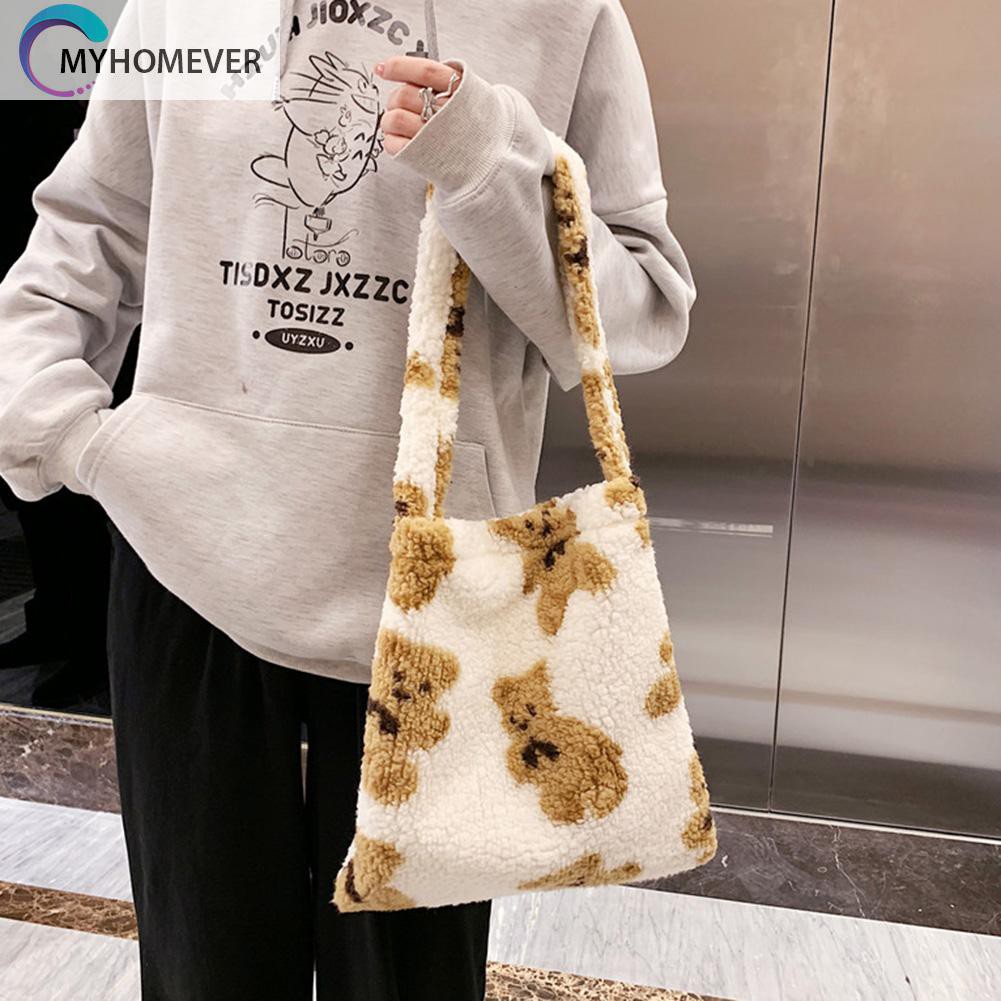 túi Autumn Plush Handbag Bear Print Large Capacity Women nữ nữ Satchel nữ