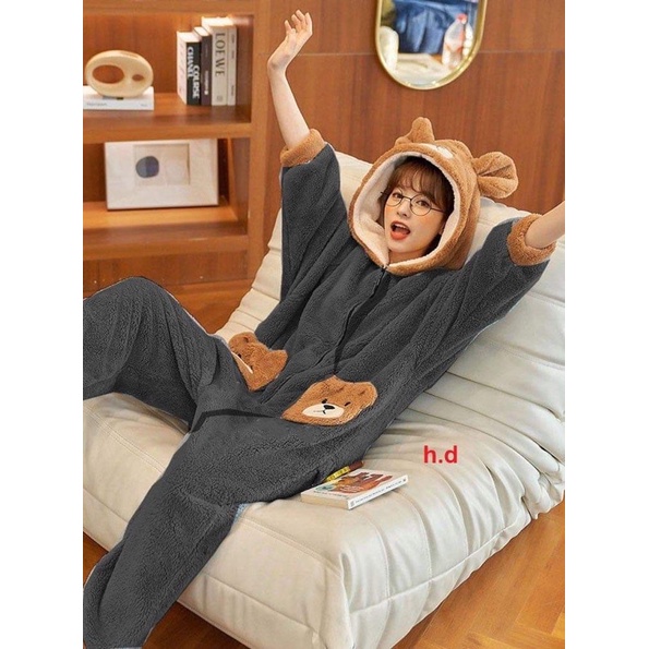 Bộ lông liền thân mũ gấu túi gấu nâu HD12