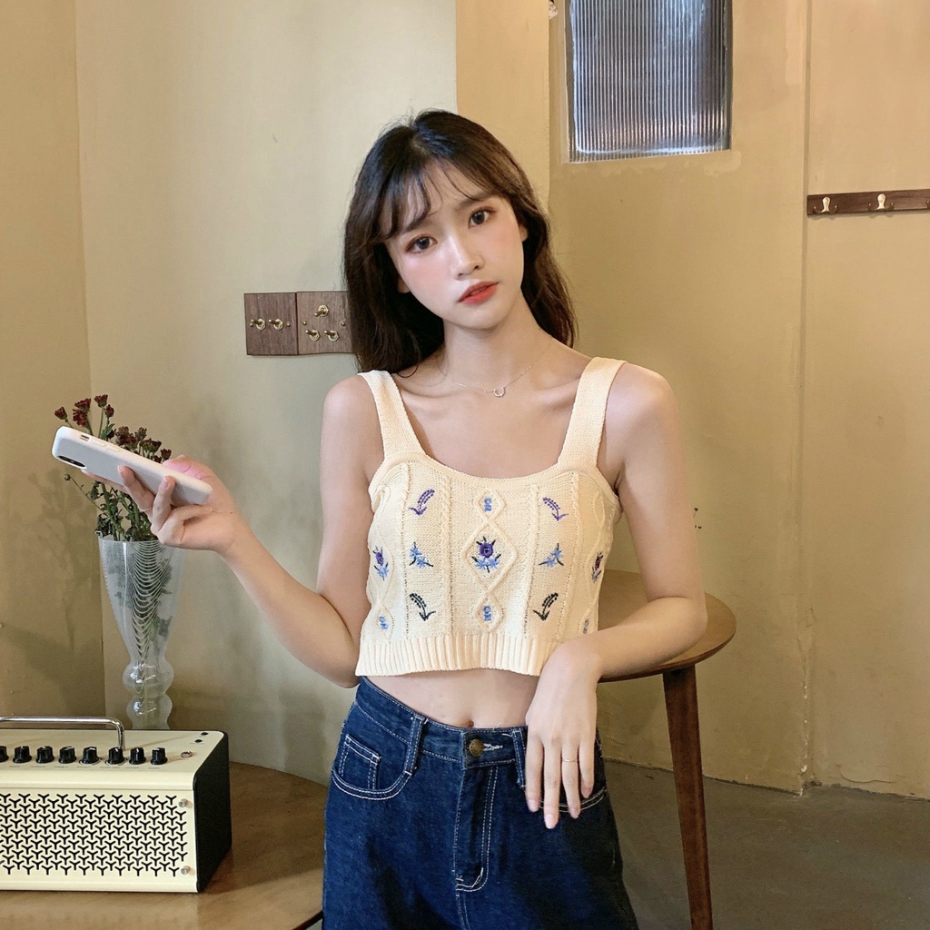 Áo Hai Dây Dệt Kim Thêu Họa Tiết Phong Cách Retro Hàn Quốc