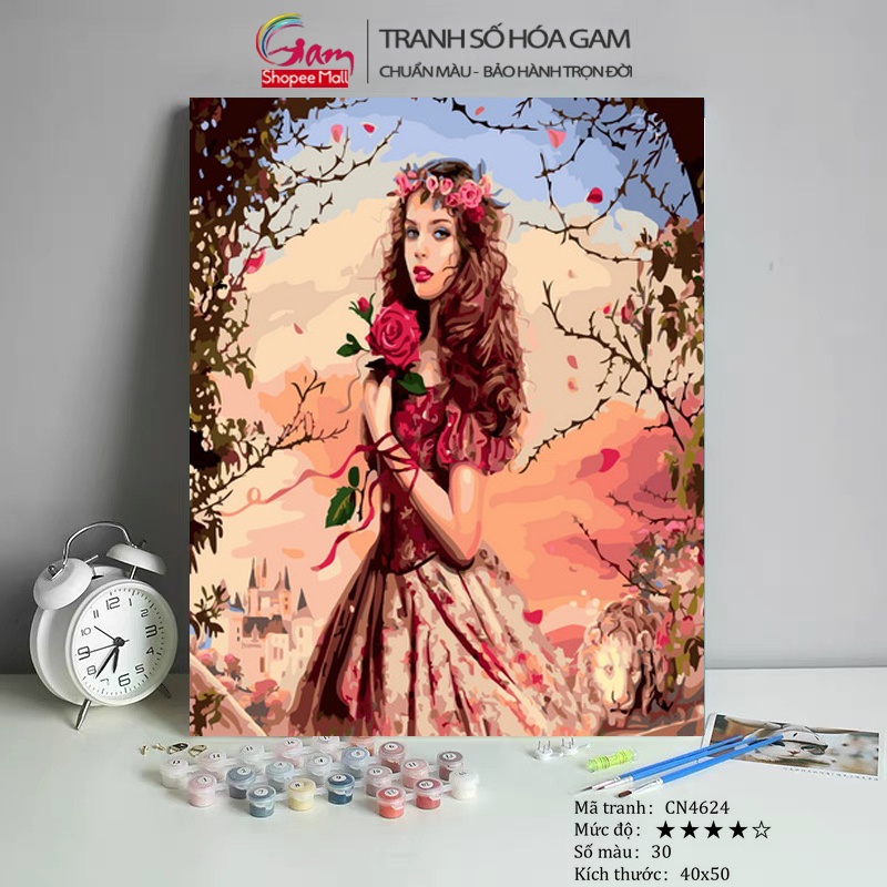 Tranh Số Hoá GAM Cô Gái Công Chúa Hoa Hồng Có Khung Nâng Cấp Lọ Màu 5ml Kèm 2 Bộ Cọ CN4624