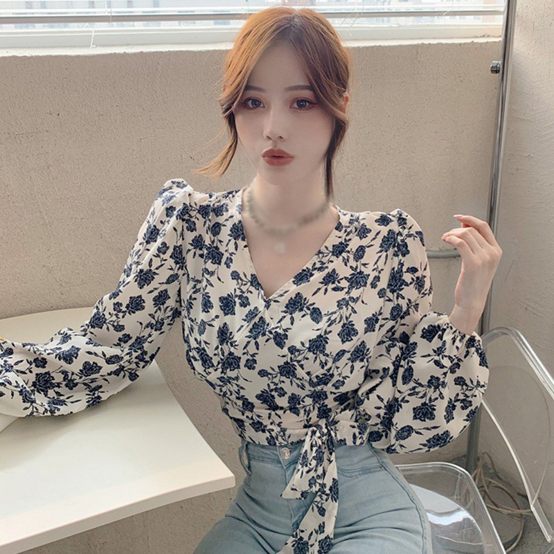 Women's Floral Print V Neck Sexy Lace Exposed Navel Long Sleeves Chiffon Shirts | BigBuy360 - bigbuy360.vn