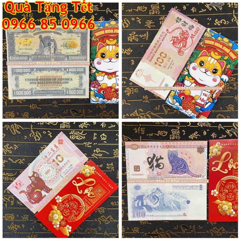 [SALE] Lì xì tết Quý mãomay mắn - 100,10 Macao , Trung Quốc và 1 triệu usd in hình con mèo 2023