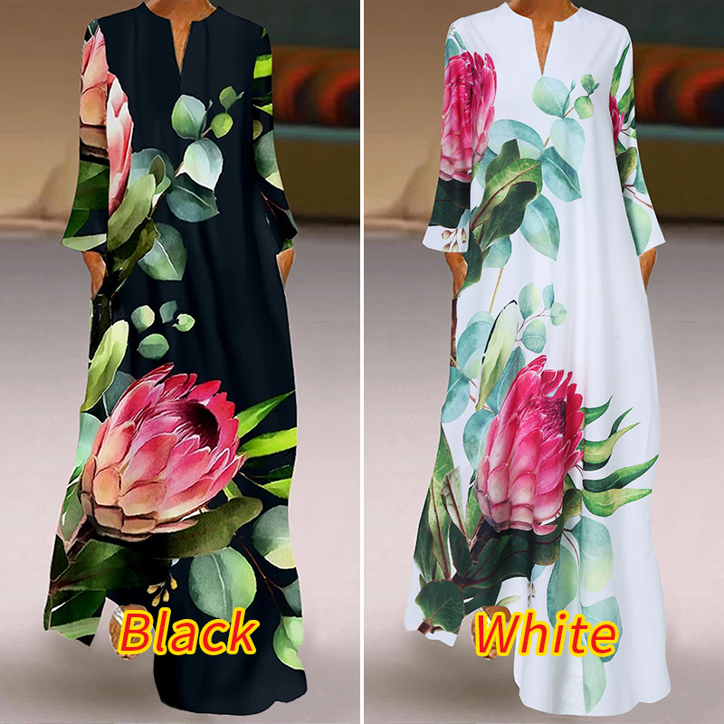 Đầm Maxi ZANZEA Tai Dài Cổ Chữ V Họa Tiết In Có Túi Hai Bên Cho Nữ