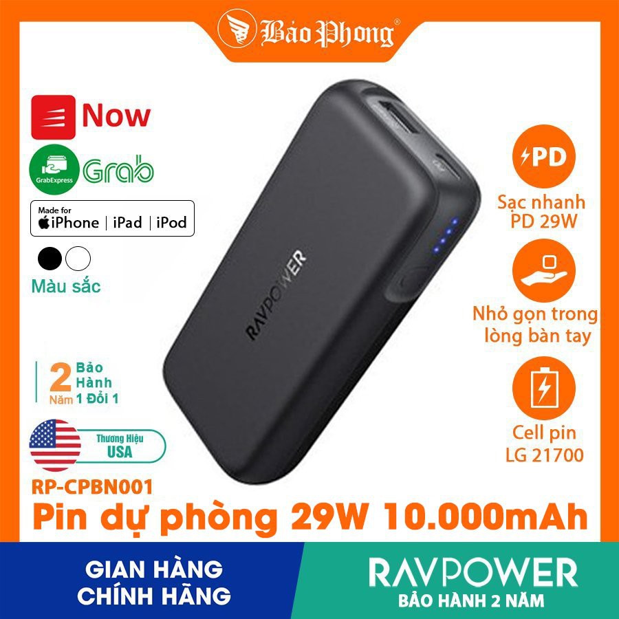 Sạc dự phòng RAVPower 10000mAh 29w (RP-CPBN001) cho iPhone iPad IP 6 7 8 Plus 10 11 12 Pro max x xs giá rẻ