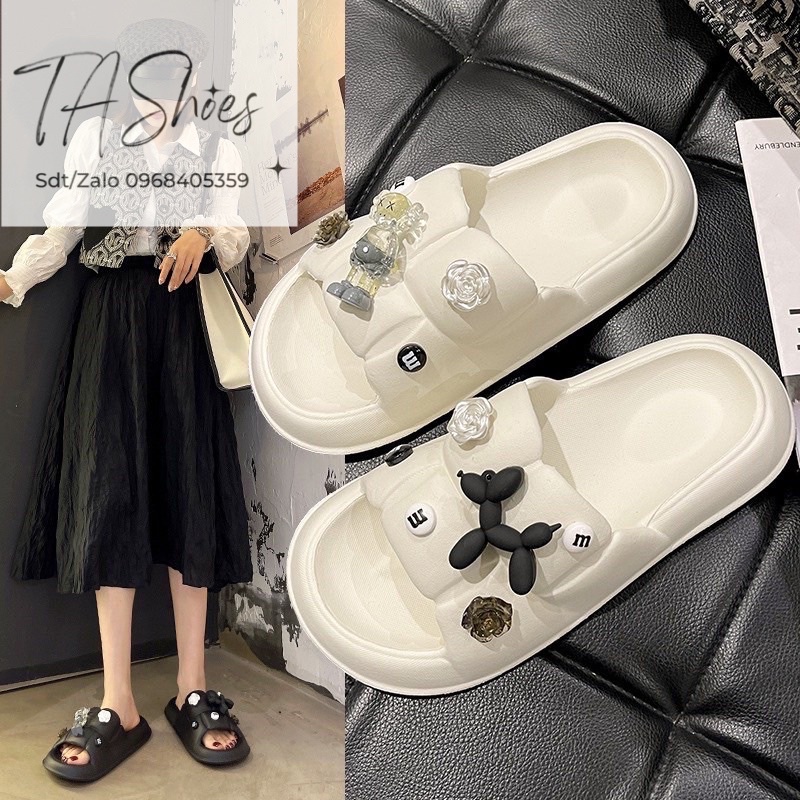Dép bánh mì nữ đế cao 4cm Loại 1, Lê quai ngang đính đá, hoa chất liệu cao cấp không thấm nước 2022