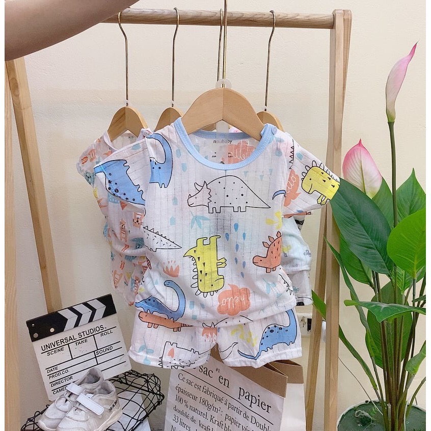 Bộ cotton giấy cộc cài vai in hình dễ thương cho bé 0 - 15kg