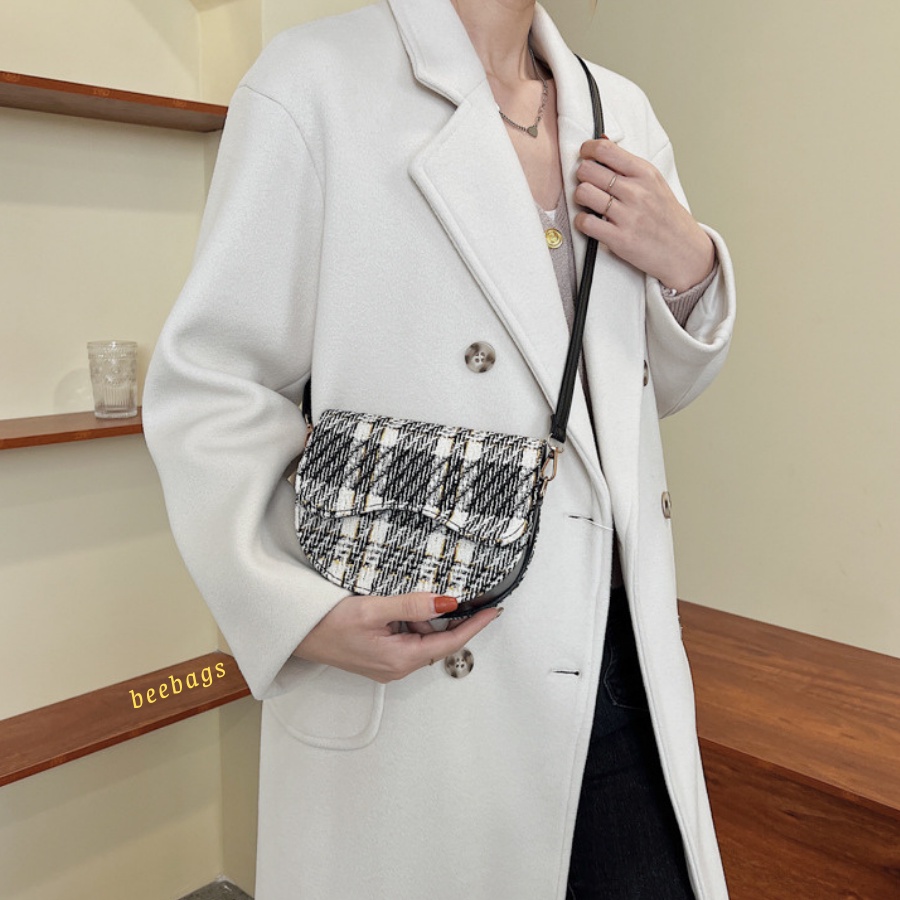 Túi Xách Kẻ Dạ Hình Tròn Basic Màu Đen, Xanh Than Dễ Phối Đồ Đi Chơi | TX16 | Túi Nữ Thiết Kế Dạ Đựng Vừa Điện Thoại